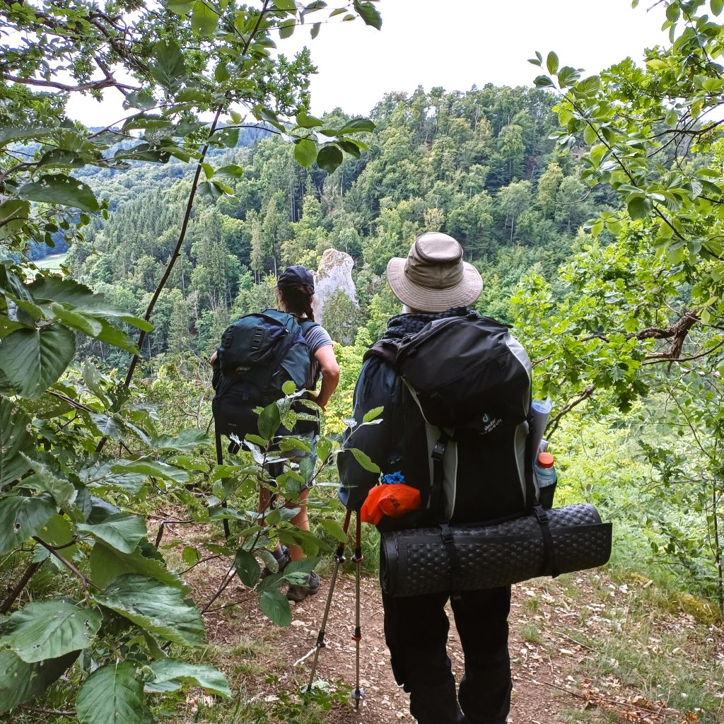 Teilnehmende genießen die Aussicht auf einer geführten Trekkingtour auf der Schwäbischen Alb